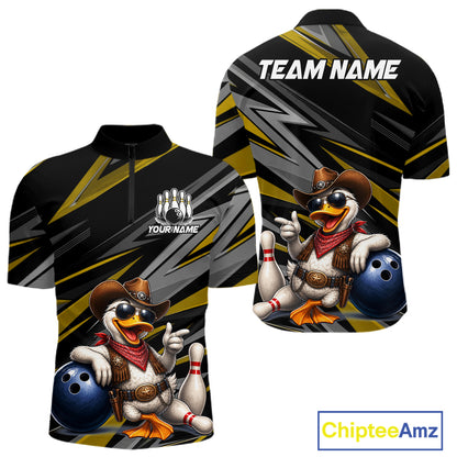 Men's custom cowboy duck bowling quarter zip shirt – yellow front view
