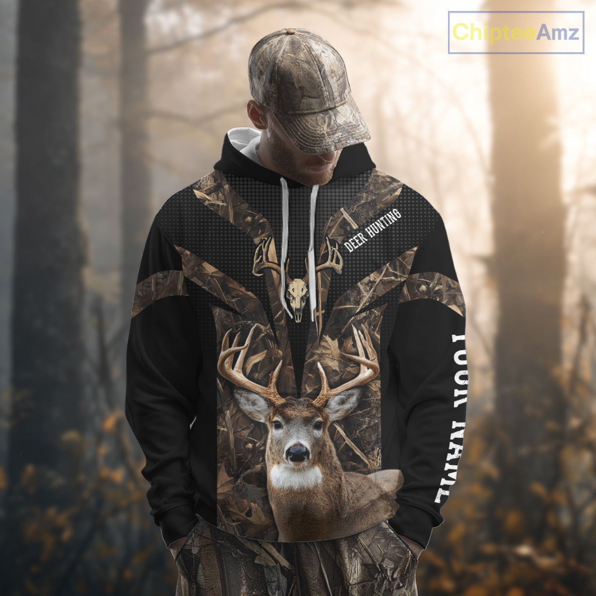 Brown Camo 3D Deer Hunting Hoodie For Men – Whitetail Buck Skull Design NHT335