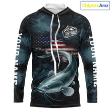 Load image into Gallery viewer, Personalized American Flag Catfish Fishing Shirts Long Sleeve Hooded, Patriotic Catfish Fishing NHT523