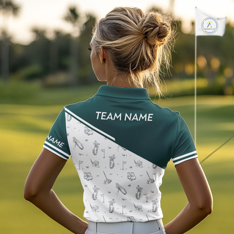 Green White Golf Pattern Womens Golf Tops Custom Ladies Golf Shirts, Green Golf Tops NHT884