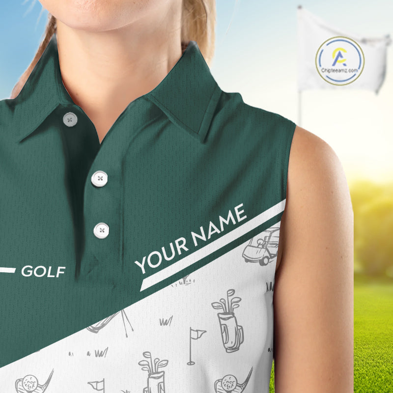 Green White Golf Pattern Sleeveless Womens Golf Tops Custom Ladies Golf Shirts, Green Golf Tops NHT884