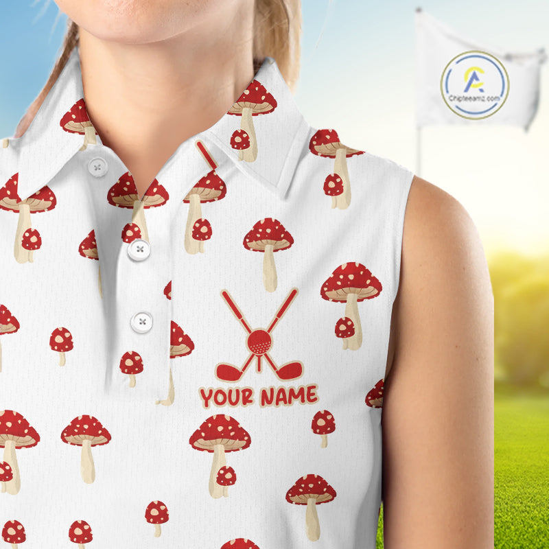 Funny Mushroom Sleeveless Womens Golf Polo Shirt, Personalized Mushroom Red White Pattern Golf Jersey NHT888