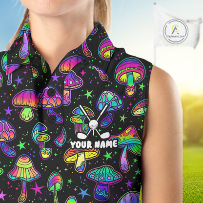 Funny Neon Mushroom Pattern Sleeveless Womens Golf Polo Shirt – Custom Name, Team Name For Golfer NHT889