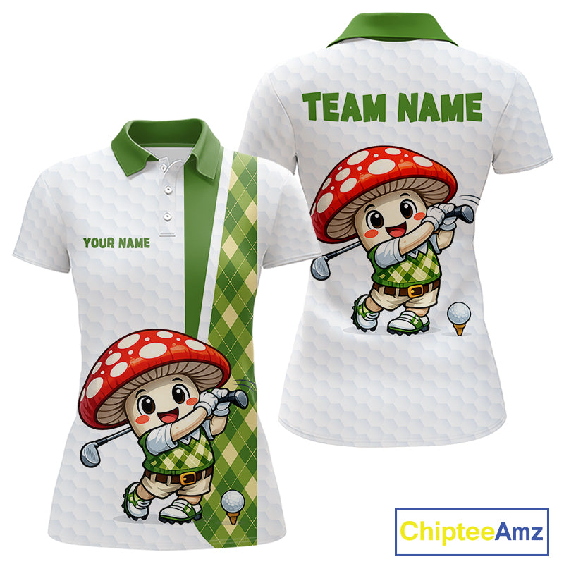 Funny Cartoon Mushroom Womens Golf Polo Shirt White Argyle Green Pattern Golf Shirt NHT890