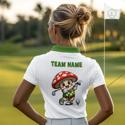 Funny Cartoon Mushroom Womens Golf Polo Shirt White Argyle Green Pattern Golf Shirt NHT890