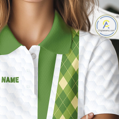 Funny Cartoon Mushroom Womens Golf Polo Shirt White Argyle Green Pattern Golf Shirt NHT890