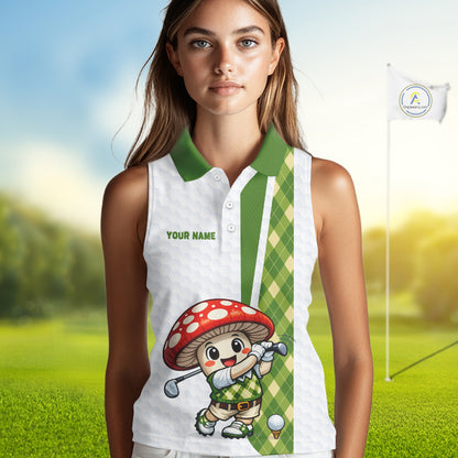 Funny Cartoon Mushroom Sleeveless Womens Golf Polo Shirt White Argyle Green Pattern Golf Shirt NHT890