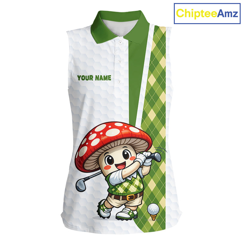 Funny Cartoon Mushroom Sleeveless Womens Golf Polo Shirt White Argyle Green Pattern Golf Shirt NHT890