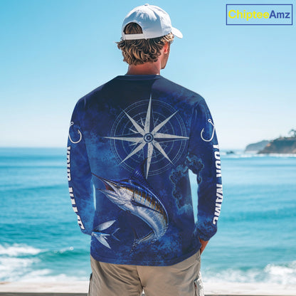 Marlin Fishing Shirt Long Sleeve Gift For Men – Deep Sea Angler Ocean Compass Design