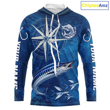 Load image into Gallery viewer, Wahoo Fishing Shirt Long Sleeve Hooded Gift For Men – Deep Sea Angler Ocean Compass Design