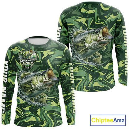 Largemouth Bass Fishing Shirts Long Sleeve Camo Green With Personalized Name NHT398