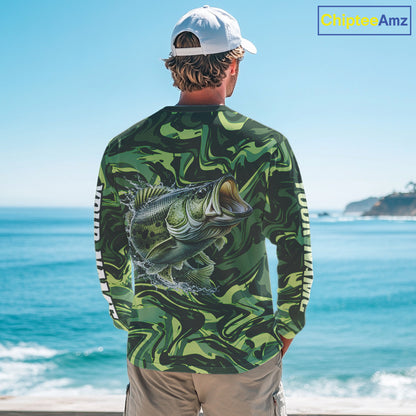 Largemouth Bass Fishing Shirts Long Sleeve Camo Green With Personalized Name NHT398