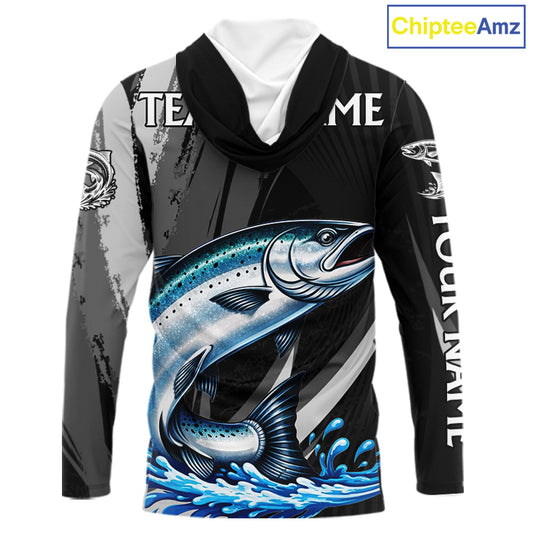 Personalized Black Camo Chinook Salmon Fishing Jerseys, Salmon Long Sleeve Hooded Fishing Shirts  NHT463