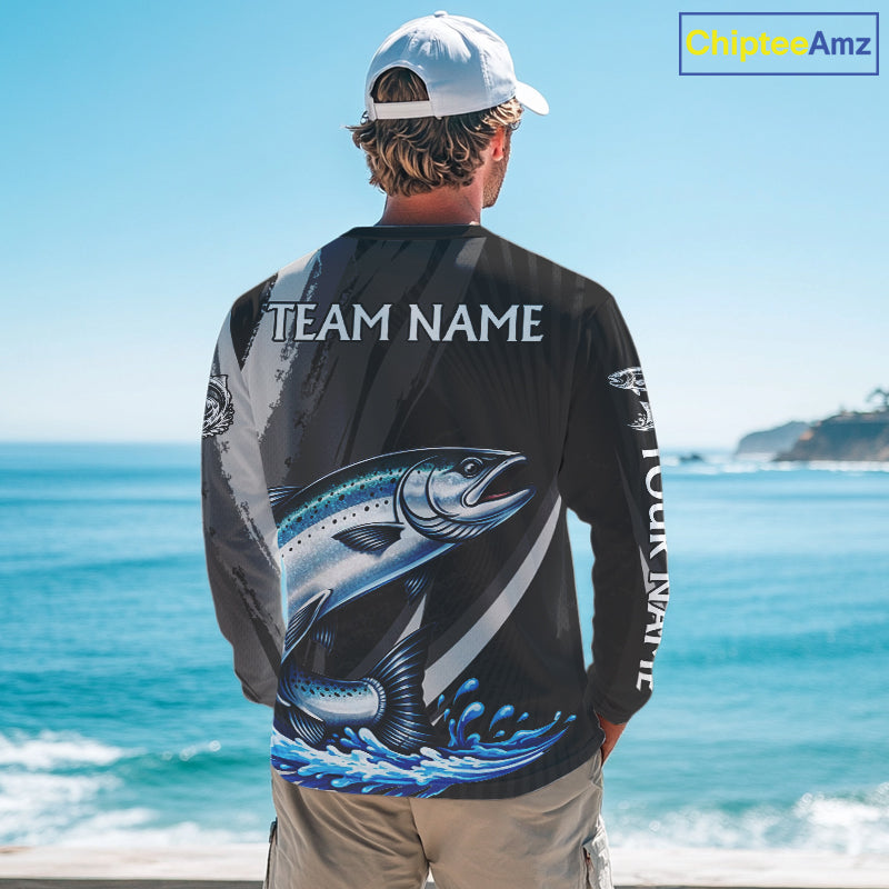 Personalized Black Camo Chinook Salmon Fishing Jerseys, Salmon Long Sleeve Fishing Shirts NHT463
