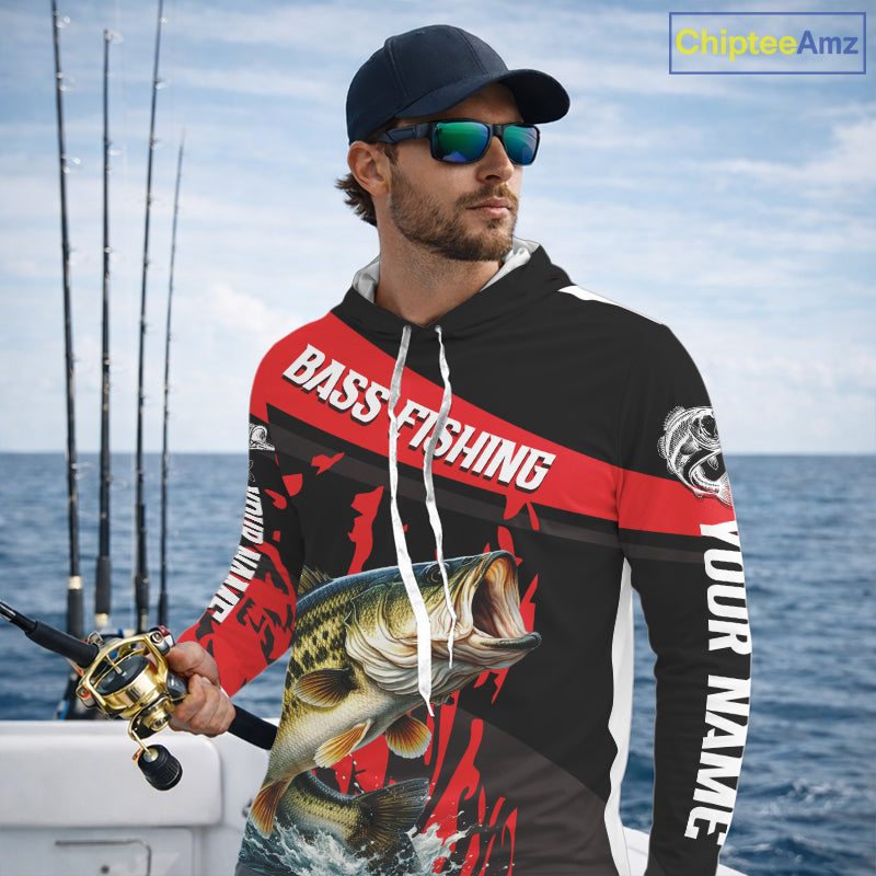 Custom Largemouth Bass Fishing Jerseys, Largemouth Bass Hooded Fishing Shirts Long Sleeve For Men|Red NHT725