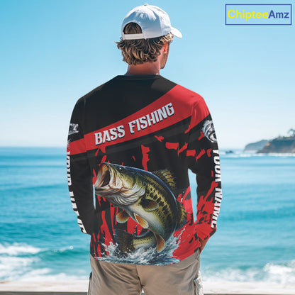 Custom Largemouth Bass Fishing Jerseys, Largemouth Bass Fishing Shirts Long Sleeve For Men|Red NHT725