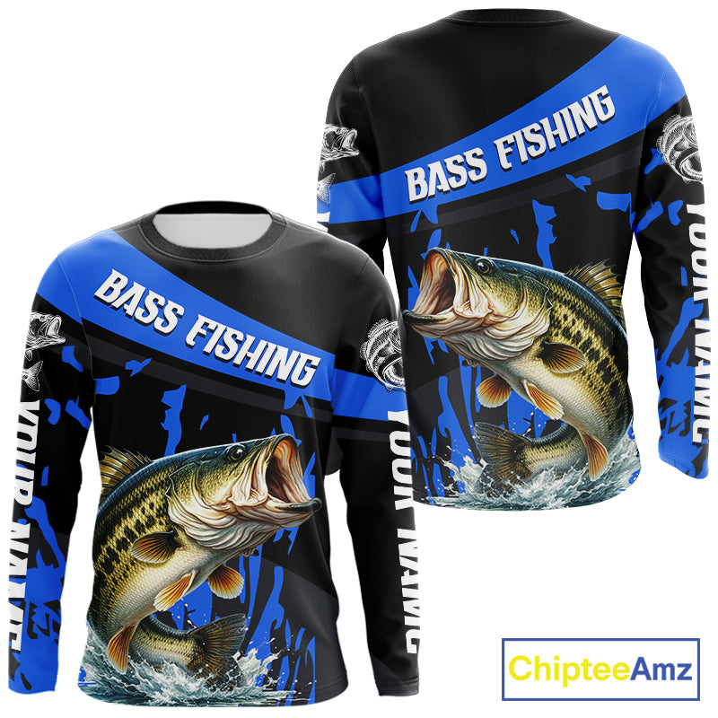 Custom Largemouth Bass Fishing Jerseys, Largemouth Bass Fishing Shirts Long Sleeve For Men|Blue NHT726