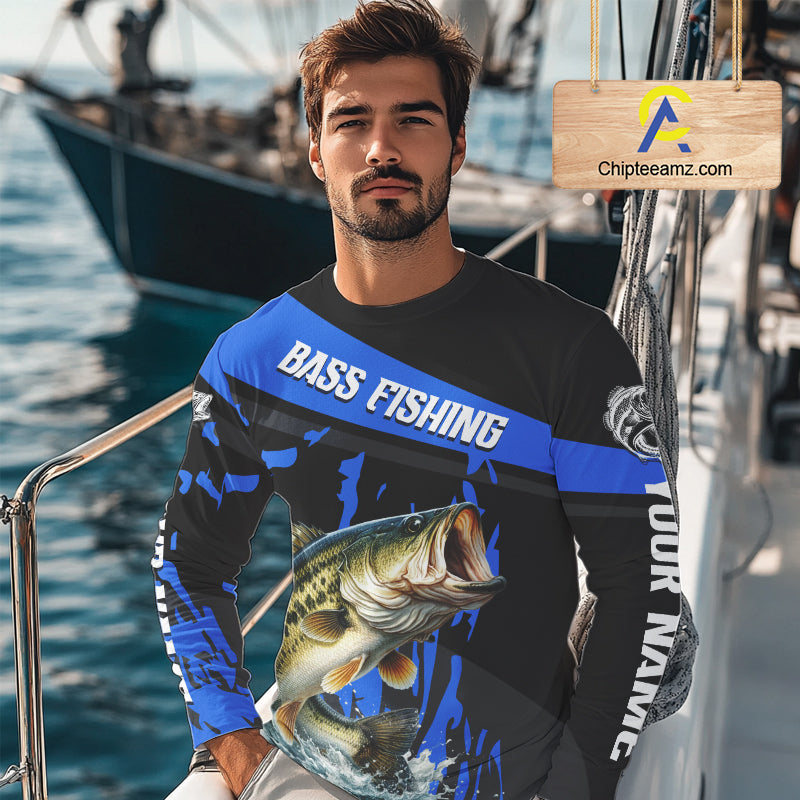 Custom Largemouth Bass Fishing Jerseys, Largemouth Bass Fishing Shirts Long Sleeve For Men|Blue NHT726