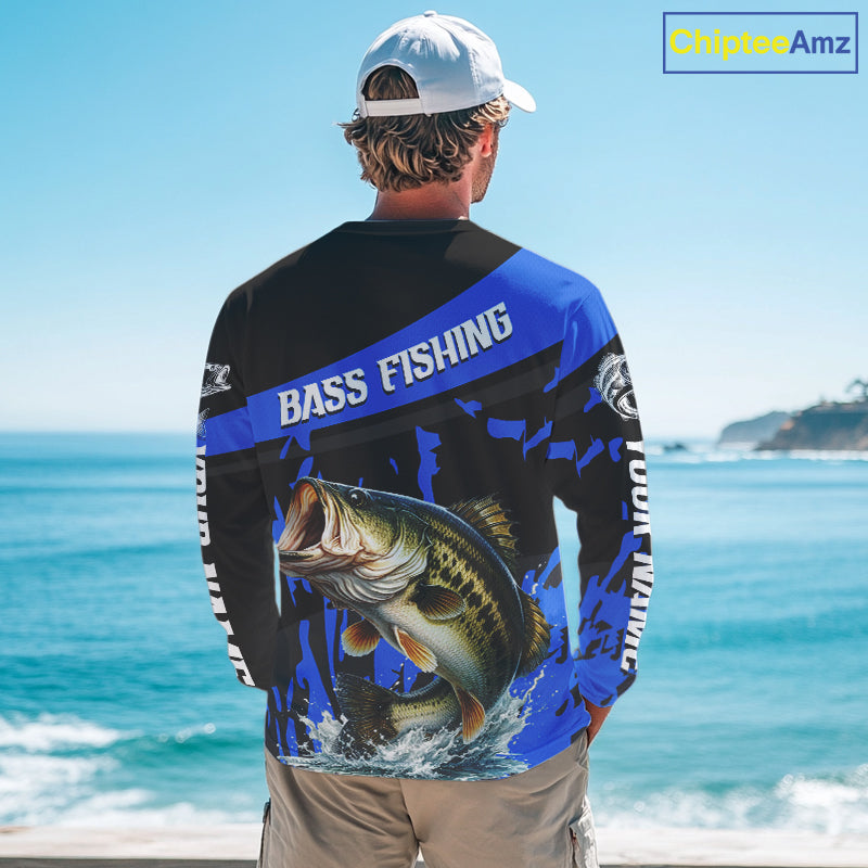 Custom Largemouth Bass Fishing Jerseys, Largemouth Bass Fishing Shirts Long Sleeve For Men|Blue NHT726