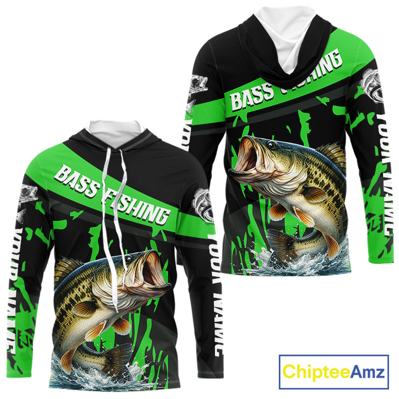 Custom Largemouth Bass Fishing Jerseys, Largemouth Bass Hooded Fishing Shirts Long Sleeve For Men|Green NHT727