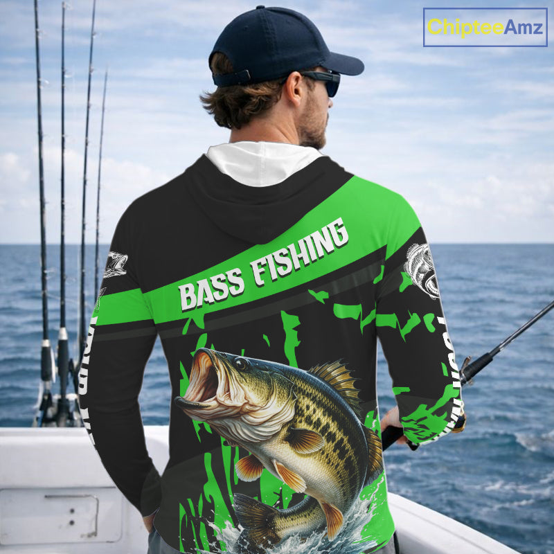 Custom Largemouth Bass Fishing Jerseys, Largemouth Bass Hooded Fishing Shirts Long Sleeve For Men|Green NHT727
