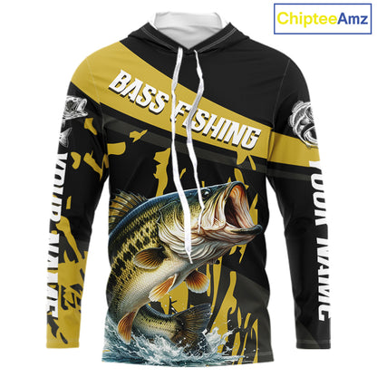 Custom Largemouth Bass Fishing Jerseys, Largemouth Bass Hooded Fishing Shirts Long Sleeve For Men|Yellow NHT728