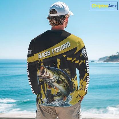 Custom Largemouth Bass Fishing Jerseys, Largemouth Bass Fishing Shirts Long Sleeve For Men|Yellow NHT728
