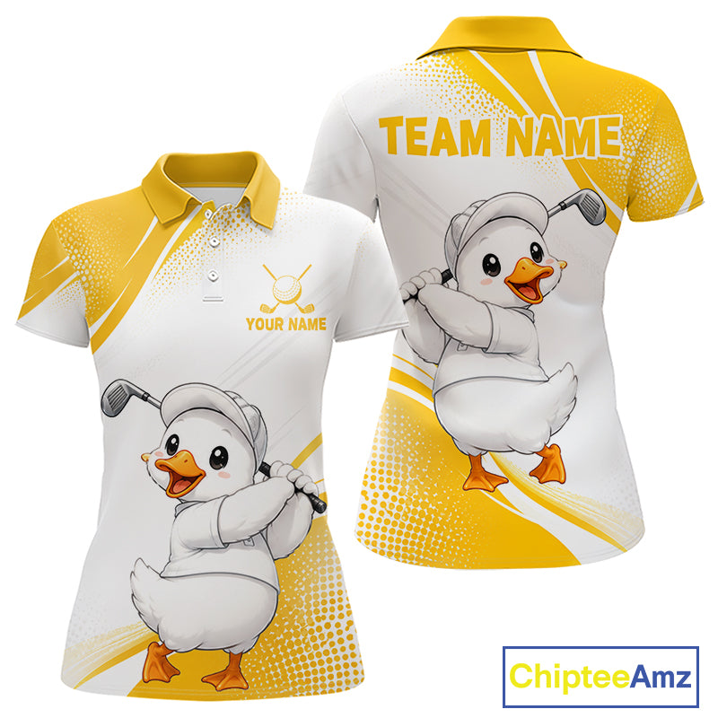 Custom short-sleeve polo shirt shown from the front and back, featuring a cartoon duck wearing a golf hat and holding a golf club on a white and yellow patterned background. The front has a polo collar, button placket, and customizable text/logo area.