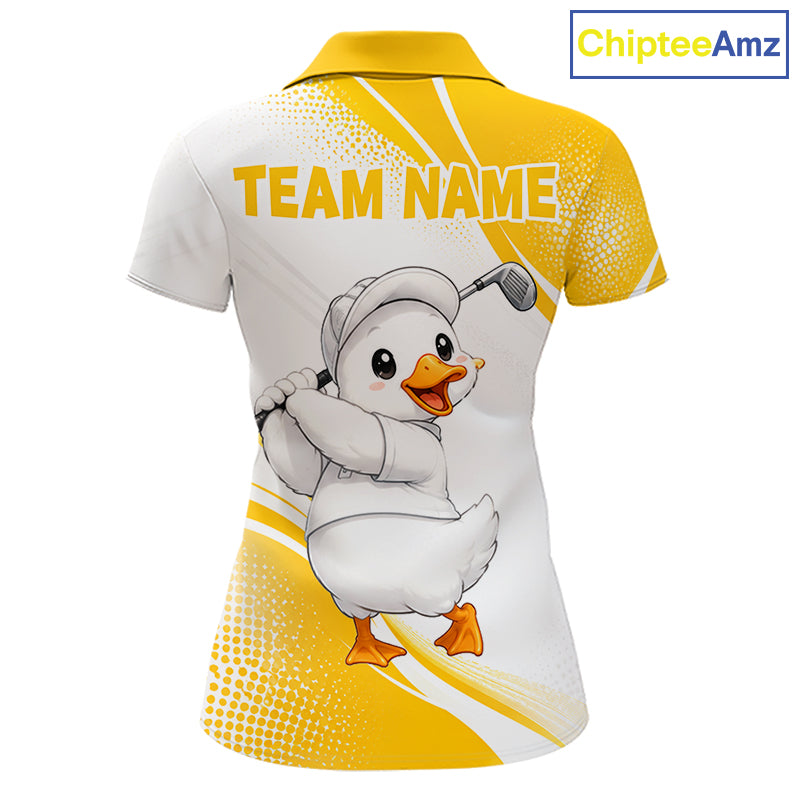 A short-sleeve polo shirt shown from the back, featuring a white and yellow graphic design with a cartoon duck wearing a golf hat and holding a golf club. The back has 'TEAM NAME' printed in yellow, and a 'ChipteeAmz' logo appears in the top right corner.