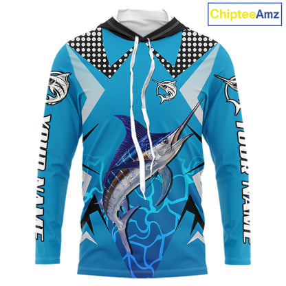 Marlin Fishing Blue Camo Custom Name Long Sleeve, Long Sleeve Fishing Shirt For Men NHT465