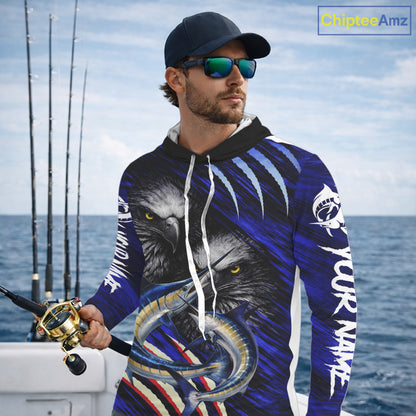 Marlin & Eagle Design Fishing Shirt Long Sleeve Hooded, Marlin Fishing Shirt For Men NHT468
