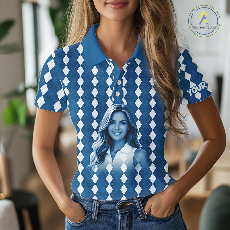 Womens Golf Polo Shirt Custom Photo Face Blue Argyle Plaid Pattern, Mother's Day Golfing Gifts NHT742