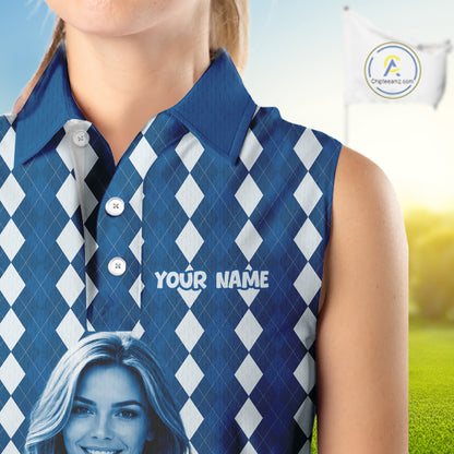 Sleeveless Womens Golf Polo Shirt Custom Photo Face Blue Argyle Plaid Pattern, Mother's Day Golfing Gifts NHT742