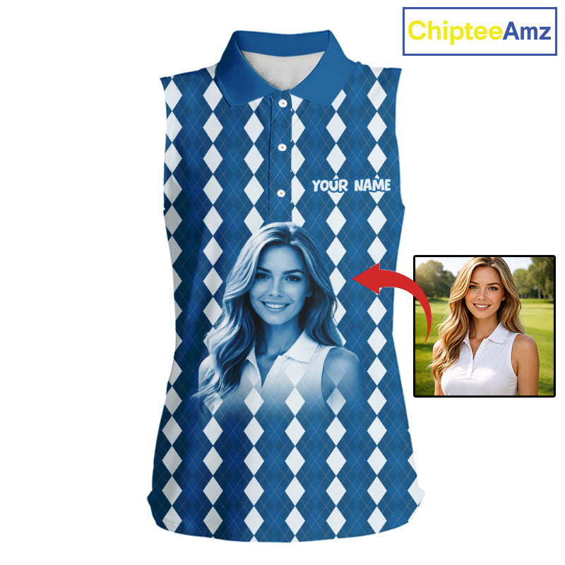 Sleeveless Womens Golf Polo Shirt Custom Photo Face Blue Argyle Plaid Pattern, Mother's Day Golfing Gifts NHT742