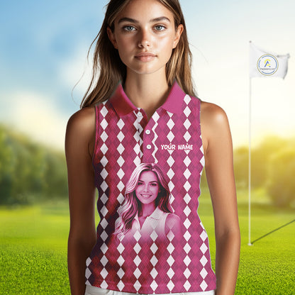 Sleeveless Womens Golf Polo Shirt Custom Photo Face Pink Argyle Plaid Pattern, Mother's Day Golfing Gifts NHT744