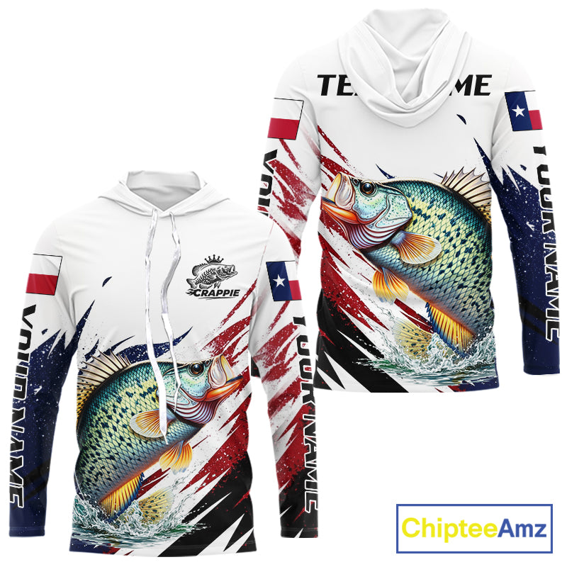 Custom Texas Flag Crappie Fishing Shirts, Texas Crappie Fishing Shirts Long Sleeve Hooded For Team NHT910