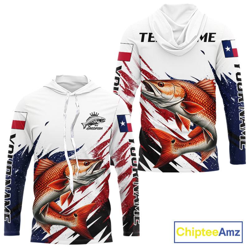 Custom Texas Flag Redfish Fishing Shirts, Texas Red Drum Fishing Shirts Long Sleeve Hooded For Team NHT913