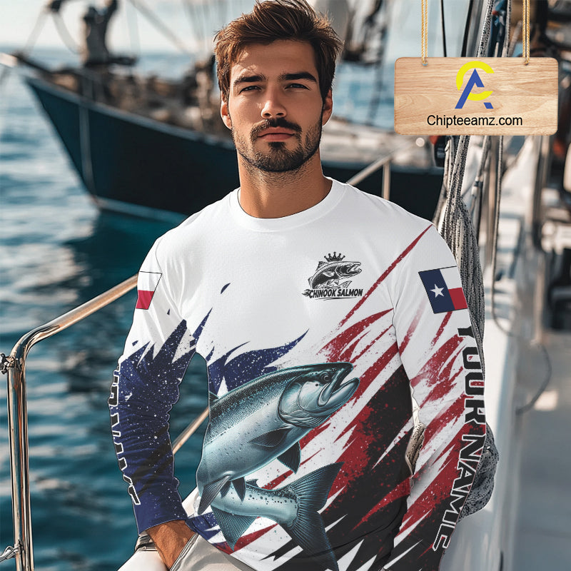 Custom Texas Flag Chinook Salmon Fishing Shirts, Texas Salmon Fishing Shirts Long Sleeve For Team NHT914
