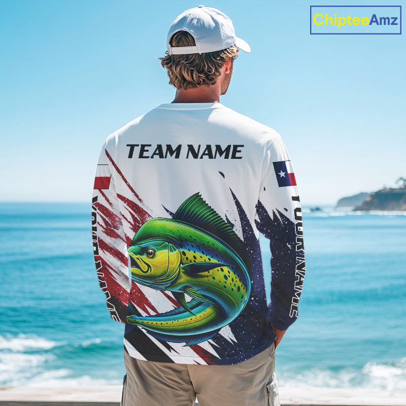 Custom Texas Flag Mahi Mahi Fishing Shirts, Texas Dolphin Fishing Shirts Long Sleeve For Team NHT915