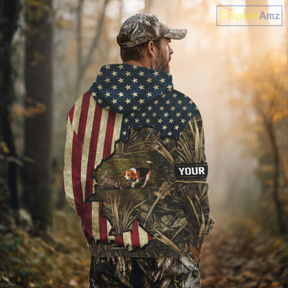 Beagle Dog Chasing Rabbit 3D American Flag Camo Custom Name Shirt, Rabbit Hunting Clothing NHT230