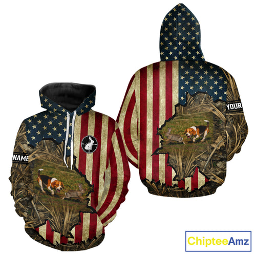 Beagle Dog Chasing Rabbit 3D American Flag Camo Custom Name Shirt, Rabbit Hunting Clothing NHT230
