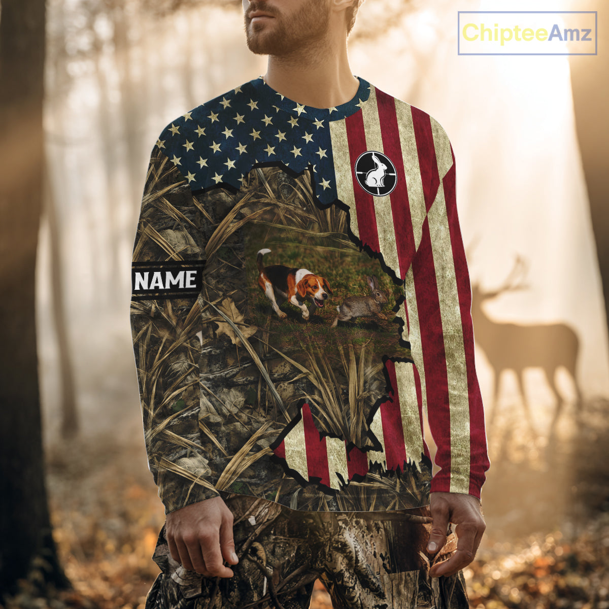Beagle Dog Chasing Rabbit 3D American Flag Camo Custom Name Shirt, Rabbit Hunting Clothing NHT230