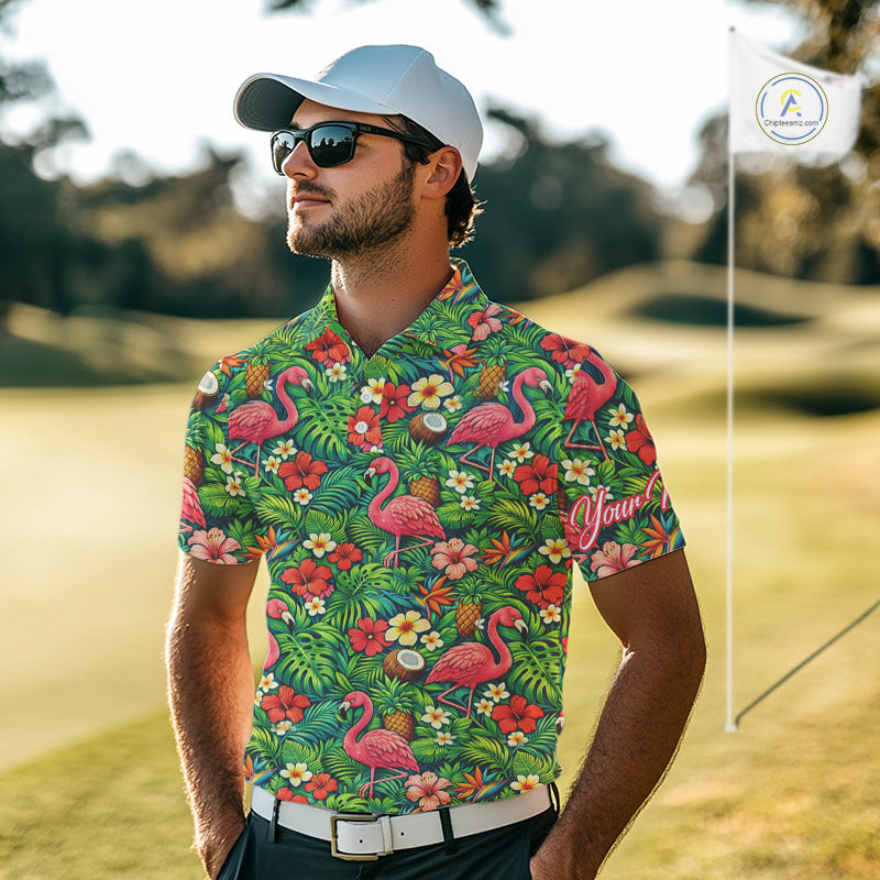 Men's Golf Polo Shirt Colorful Floral Flamingo Pattern Tropical Leaves Custom Name NHT538