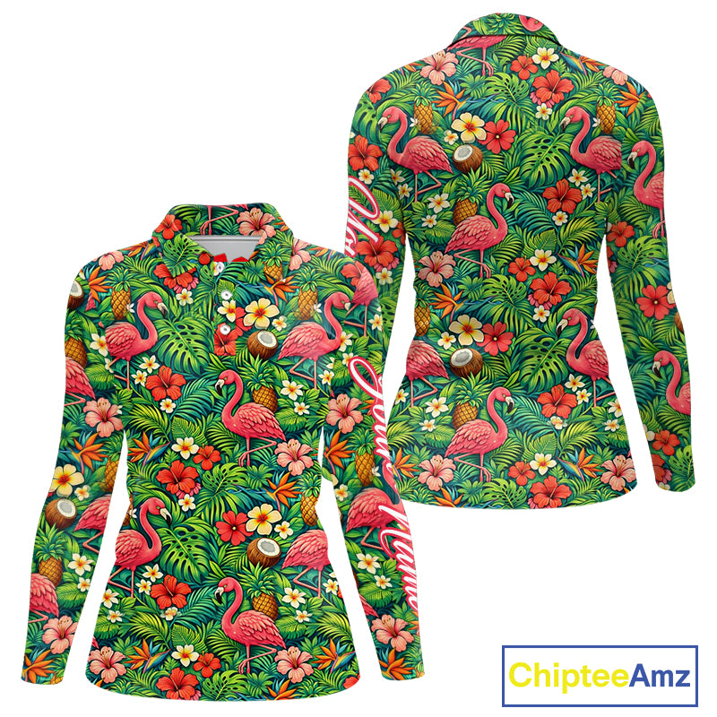 Womens Golf Polo Shirt Colorful Floral Flamingo Pattern Tropical Leaves Custom Name NHT538