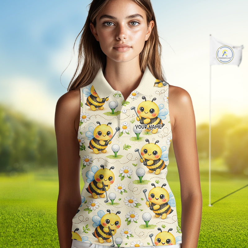 Funny Golf Womens Sleeveless Polo Shirt Custom Bee Pattern, Bee Golf Shirts For Team NHT541