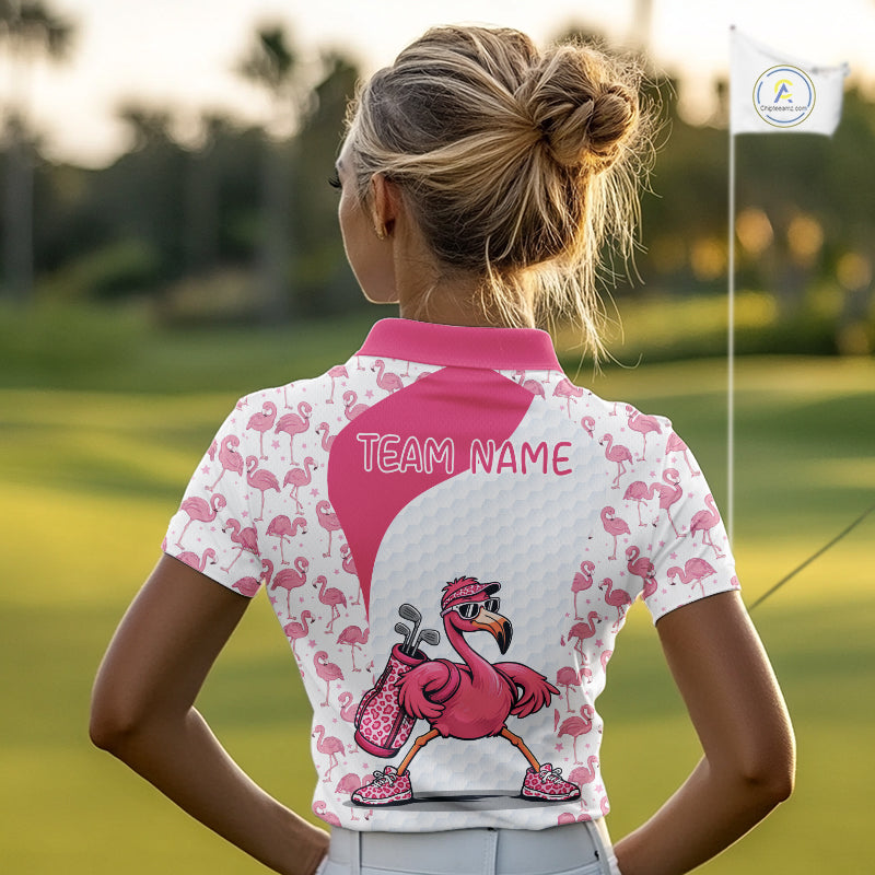 Funny Pink Flamingo Womens Golf Polo Shirt Custom Pink And White Golf Shirt For Team NHT545
