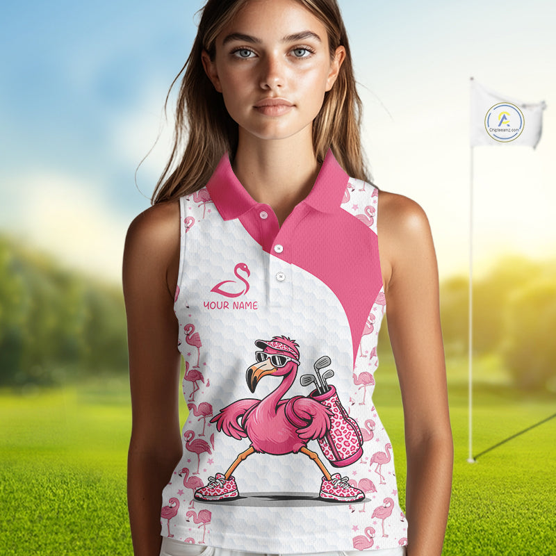 Funny Pink Flamingo Golf Womens Sleeveless Polo Shirt Custom Pink And White Golf Shirt For Team NHT545