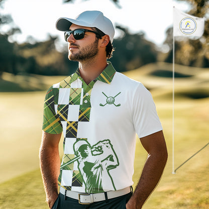 Personalized Green Tartan Plaid Mens Golf Polo Shirt, Custom Name Golf Shirt For Team NHT553
