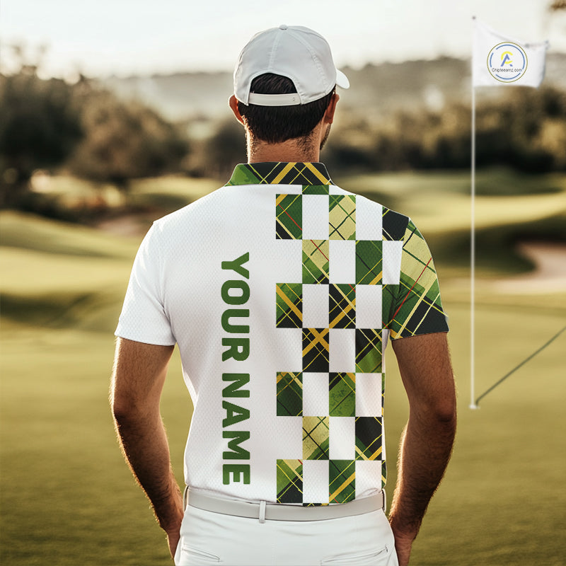Personalized Green Tartan Plaid Mens Golf Polo Shirt, Custom Name Golf Shirt For Team NHT553