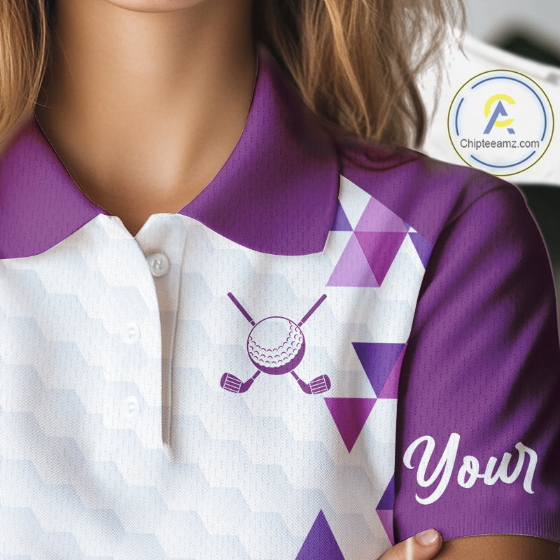 Custom Purple Geometric Womens Golf Polo Shirt, Personalized Team Name Golf Polo Shirt NHT554